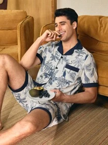 CoupledUp 男士休闲褶皱森林动物全身印花开襟睡衣套装 - 杏色 - 查看 5