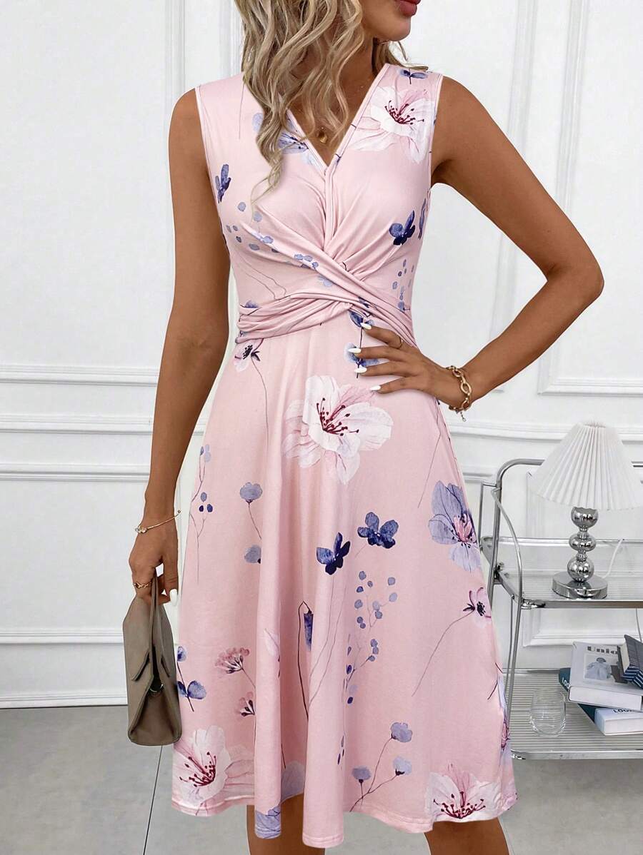 SHEIN Clasi 女士无袖树叶花卉印花夏装 - 粉色 - 查看 1