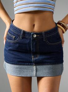 MISSGUIDED Denim Mini Skirt Rigid Wash Fold Over Cuff High Rise Raw Hem Classic Above Knee Summer - Dark Wash - View 5