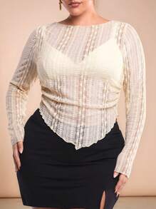 SHEIN BAE New Plus Size Women Apricot, Champagne Asymmetrical Ruched Sheer Casual/Going Out/Wedding/Graduation Crop Top,Mother's Day,4th Of July,Summer Outfits For Women,Butter Yellow,Lace Top,Mesh Top,Sexy Tops,Vacation Tops - Apricot - View 2