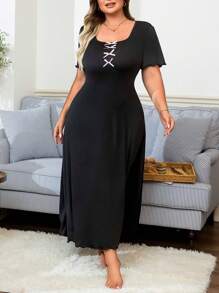Plus Size Women's Sweet Elegant Tie-Bow Loose Maxi Dress, Sleepwear