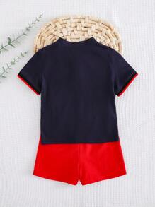 Cozy Pixies 2-teiliges Baby Jungen Set: Cartoon Tier bedruckter weicher Strick Polokragen Kurzarm Pullover + einfarbige Shorts mit Gummibund - Verschiedenfarbig - Übersicht 2