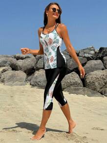 Swim Lushoire 热带植物印花运动女式背心比基尼套装