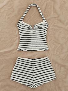 Soleia Women's Striped Ruffle Halter Top And Shorts Casual 2 Pieces Set