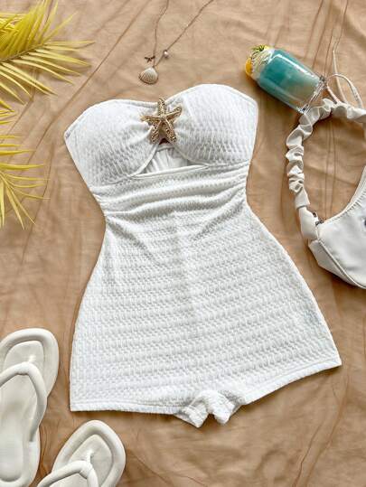 Soleia Beach Holiday White Jacquard Knit Textured Fabric Metallic Accents Bandeau Jumpsuit Strapless Romper For Women Crochet Swimsuit Strapless Swimsuit Strapless Swim Suit Beach Romper Women;Autumn And Winter;Back To School;Homecoming;Concert;Halloween;Christmas;Teacher;Night Out  Going Out Tops;Cute;Sexy;Graphic