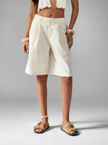 MISSGUIDED Short bermuda d'été en lin, coupe large plissée jusqu'aux genoux, casual, idéal pour les vacances à la plage. Avec poches.