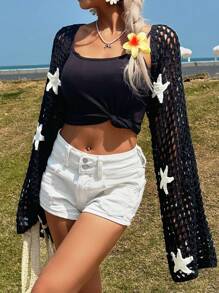 Chiquease 音乐节节日星星刺绣镂空短款开衫 - 黑色 - 查看 5