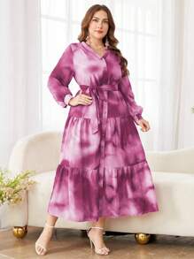 Modelyn Women Plus Size Long Sleeve Tie Dye Waist Flattering Midi Dress - Purple - View 3