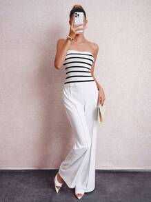 SHEIN Clasi 女士休闲针织条纹抹胸 - 白色 - 查看 6