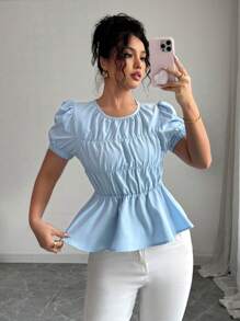 Elenzga Nueva blusa de mujer de cuello redondo con mangas abullonadas y recogida en azul cielo, primavera/verano