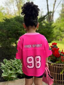 Young Girl Woven Stitching Numeric & Letter Graphic Loose Casual T-Shirt, Sports Jersey - Pink - View 2