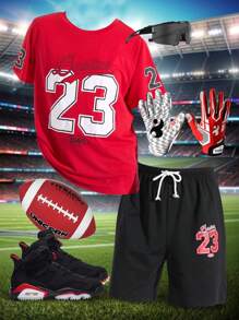 SHEIN Leap Crew 2 Packs Teen Boys' Casual Sports College Red Round Neck T-Shirt And Black Shorts Set With Letters And Numbers Combined Pattern Suitable For Teen Boy Outfits Toddler Boy Clothes Back To School Boys Set Suitable For Birthday Parties, Evening Parties, Performances, Weddings, Baptisms, Opening Ceremonies Daily Suitable For Daily Use Suitable For School Suitable For Travel Suitable For Sports Suitable For Spring And Summer Seasons