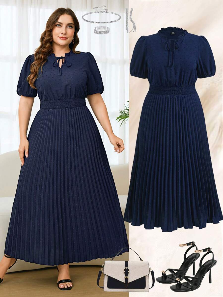 Ellevyn Plus Size Fashion Polka Dot Jacquard Tie Waist Pleated Summer Dress,Graduation Dress,Graduation Dresses For Women,White Graduation Dress,Graduation Outfit, ,Summer Dress,Graduation Dress,Dresses For Women Summer,Wedding Guest Dress Women Prom Dress,Elegant Dresses For Party,Birthday Dresses For Women,Dresses For Women Elegant,Elegant Dresses For Women - Navy Blue - View 1