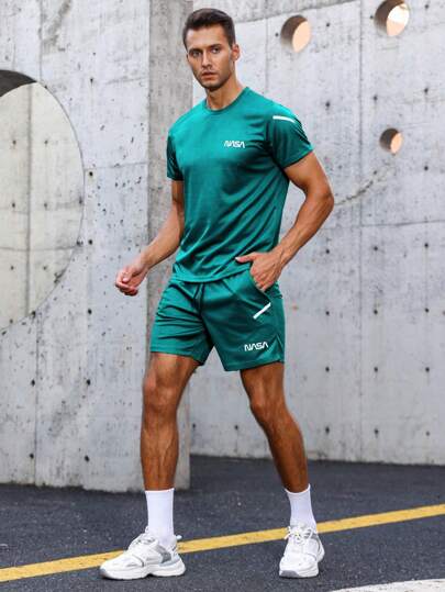 Manfinity Sport Corelite Men's Casual Short Sleeve T-Shirt & Drawstring Shorts Sports Suit Set Workout Clothes Running Sets