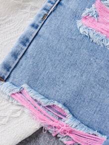 SHEIN Teen Girls' Contrast Color Frayed Hem Summer Denim Shorts With Pockets - Light Wash - View 3