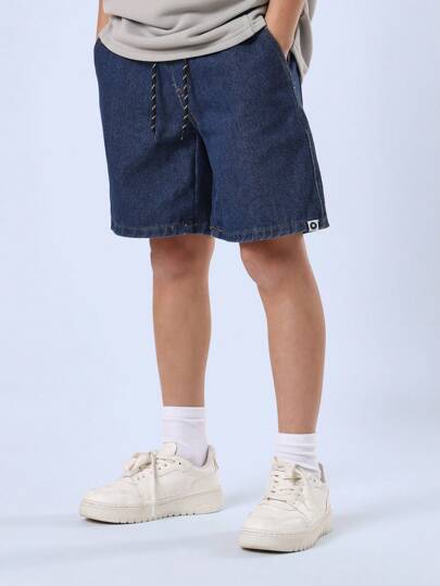 SUMWON Boys Drawstring Denim Shorts Elastic Waist Pull On Style Relaxed Fit Mid Thigh Classic Summer Casual Daily Athletic Kids Active Wear