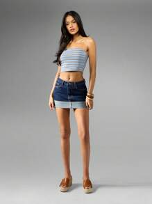 MISSGUIDED Denim Mini Skirt Rigid Wash Fold Over Cuff High Rise Raw Hem Classic Above Knee Summer - Dark Wash - View 6