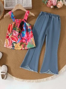 SHEIN Young Girl Palm Tree Print Camisole & Flared Pants 2-Piece Set - Blue - View 2