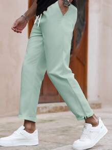 Manfinity Homme Pantalones casuales de unicolor, ajuste delgado, pierna recta para hombres, pantalones de verano, otoño - verde menta - Ver 5