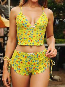 Swim Mod 2 件清新碎花分体比基尼套装：带蝴蝶结装饰的吊带泳衣，甜美女孩海滩度假海洋巡游泳池派对女式泳衣