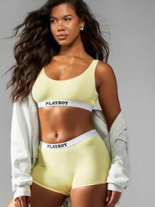 Missguided x Playboy MISSGUIDED Comfortable Athletic Bra Boyshort Set High Waist Underwear Set Workout Sports Two Piece Set Matching Sport Exercise Dance Summer Spring