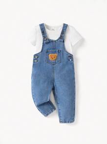 SHEIN Baby Jungen Casual Daily Teddybär Stickerei Denim Latzhose