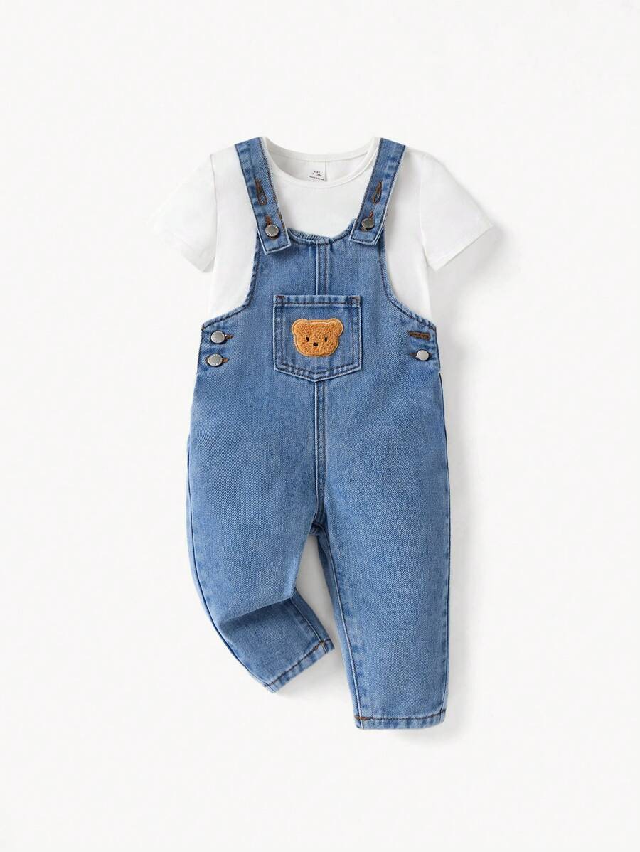 SHEIN Baby Jungen Casual Daily Teddybär Stickerei Denim Latzhose