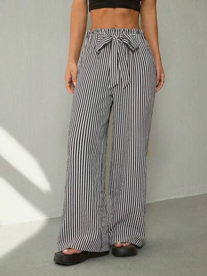 SHEIN PETITE Women's Vacation Women Clothes Striped Casual Pants For Women, New Wide Leg Loose Straight Trousers With Draping Effect, Tall Look, Spring Autumn Boho Flowy Pants