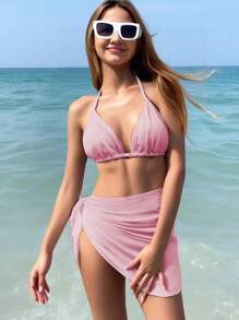 SHEIN 少女三件套白色比基尼沙滩泳装套装 - 粉色 - 查看 3