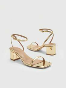 CUCCOO BIZCHIC 女士时尚金色细带踝带舒适粗跟凉鞋，适合通勤、约会、派对、度假、户外散步 - 金色 - 查看 6