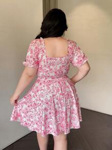 Vibekara Nuevo vestido corto elegante con estampado floral, manga de globo casual ajustada, cintura con cordón, forma acampanada, cómodo y favorecedor - Rosa - Ver 2