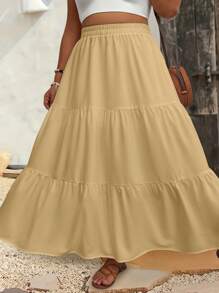 Breezaya 大码休闲纯色半身裙长裙 - 卡其色 - 查看 1
