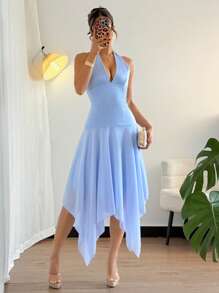 Chiquease Vestido de vacaciones sin mangas de cuello halter, cintura ceñida y dobladillo asimétrico de unicolor