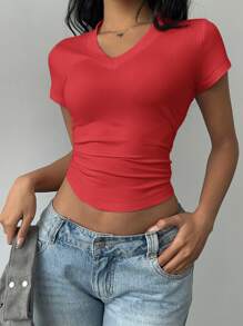 SHEIN BASICS Casual Solid Color V-Neck Short Sleeve Fitted Women T-Shirt