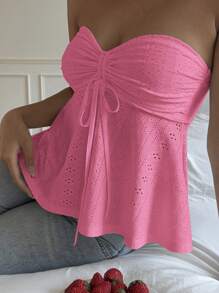 SHEIN EZwear Dam sommarstickad urholkad rosa bandeau-topp med tub - Skrikrosa - Visa 4