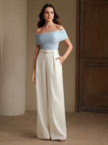 Anewsta Elegant Off-Shoulder Mesh Splice Fitted Waist Blouse Top For Women