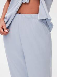 LUVLETTE 柔软100%纯棉撞色滚边短袖基本款纽扣上衣和裤子家居服透气睡衣套装裤子带口袋 - 藍色 - 查看 4