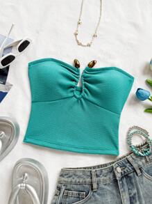 Soleia Women's Teal Blue Summer Casual Vacation Holiday Knitted Textured Strapless Asymmetrical U-Shaped Button Gathered Cropped Top,Fitted Party - Pink - View 3