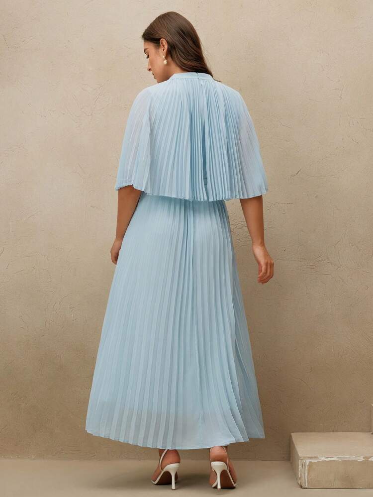 Plus Size Women Blue Wrap Front Pleated Casual Elegant Flowy Dress, Suitable For Spring, Festival
