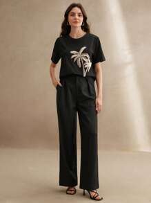 Anewsta 优雅女士春夏圆领短袖白色 T 恤，直筒剪裁基本款度假休闲衬衫，带刺绣花卉图案