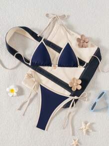 Swim Mod Bộ đồ bơi hai mảnh cúp tam giác màu trơn mới dành cho nữ, đồ bơi buộc dây gợi cảm - Màu xanh hải quân - Xem 3