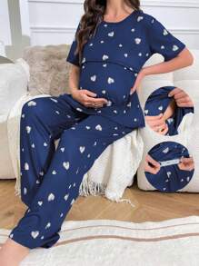 Pink Heart Print Nursing Friendly Short Sleeve Long Pants Maternity Pajama Set