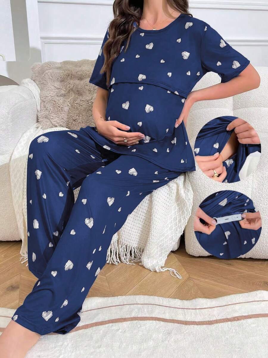 Pink Heart Print Nursing Friendly Short Sleeve Long Pants Maternity Pajama Set