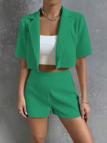 SHEIN Unity Set de 2 piezas: Chaqueta corta de manga corta y pantalones cortos de unicolor para mujer - Verde - Ver 6