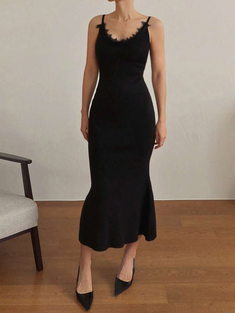 Women's Lace Patchwork Bodycon Dress With Spaghetti Straps, Formal Women Dress Cocktail Dress