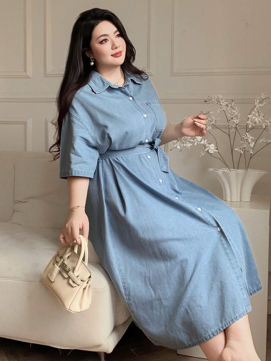 Dazy Plus Light Blue Washed Denim Turn Down Collar Rolled Up Sleeve Cinched Waist Waist Mid-Length Denim Dress - Blue - View 1