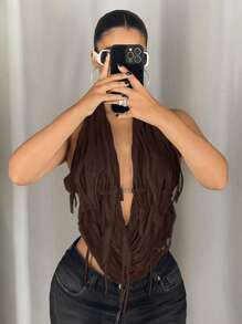 SHEIN ICON 1 件女式修身做旧挂脖金属链装饰露背背心