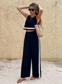 SHEIN Frenchy Bộ đồ thường ngày 2 chiếc áo hai dây ren tương phản dành cho nữ và quần short - Nhiều màu - Xem 3