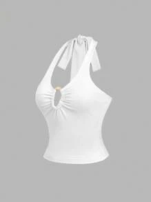 SHEIN Sweetro 复古性感金属扣装饰深V领吊带背心 - 白色 - 查看 3