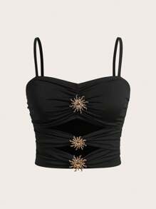 SHEIN Essnce 夏季时尚金属装饰镂空吊带背心 - 黑色 - 查看 3